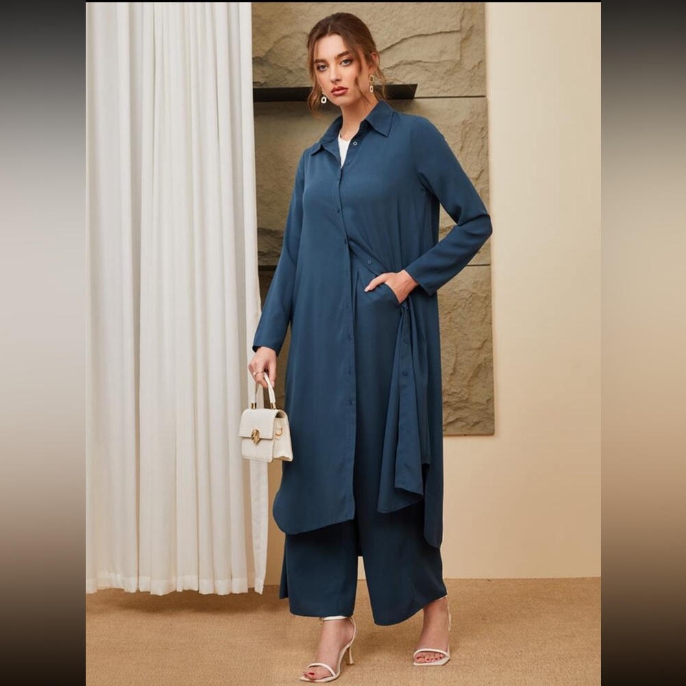 SHEIN Button Front Coat & Wide Leg Pants Set - Picture 2 of 6